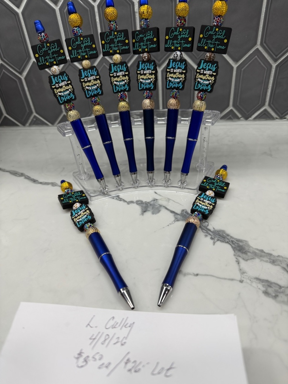 Inspirational Blue Beaded Ballpoint Pen - Set